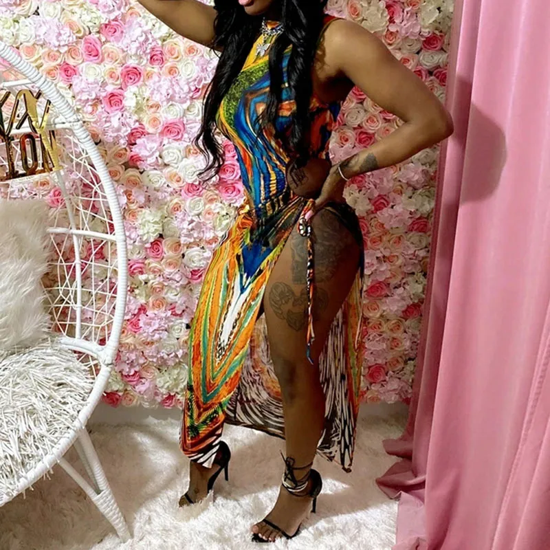 Sexy Print Sleeveless High Split Tied Dress