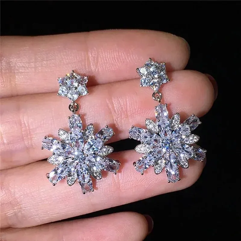 Short Drop Earrings with Flower Topaz Diamond for Women Eye Catching Party Wedding Jewelry