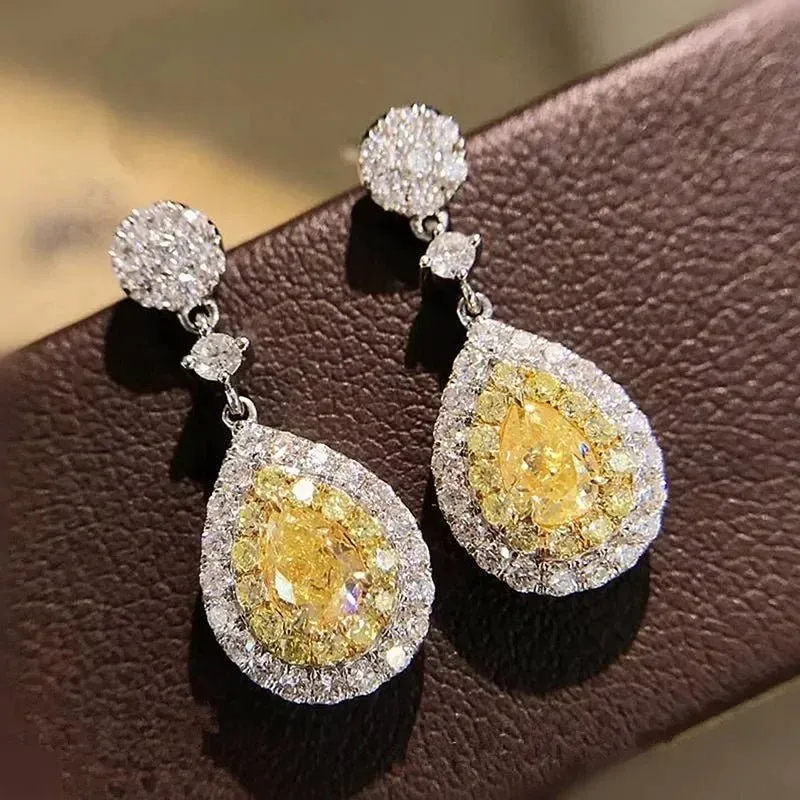 Short Drop Earrings with Flower Topaz Diamond for Women Eye Catching Party Wedding Jewelry