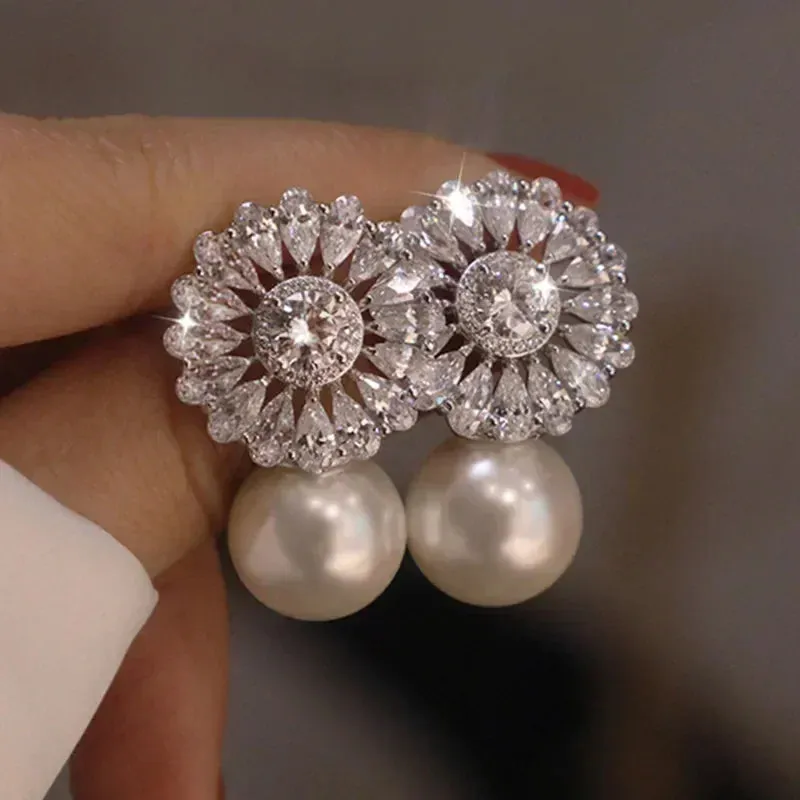Short Drop Earrings with Flower Topaz Diamond for Women Eye Catching Party Wedding Jewelry
