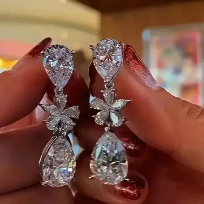 Short Drop Earrings with Flower Topaz Diamond for Women Eye Catching Party Wedding Jewelry
