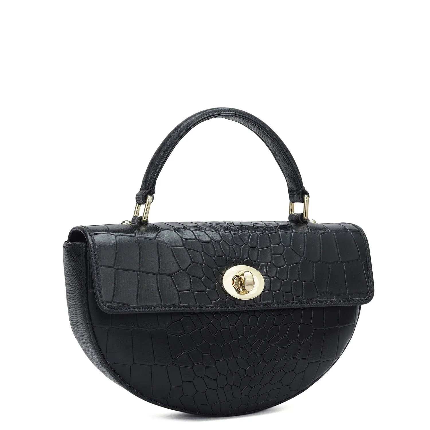 Small Croco Leather Satchel - Black