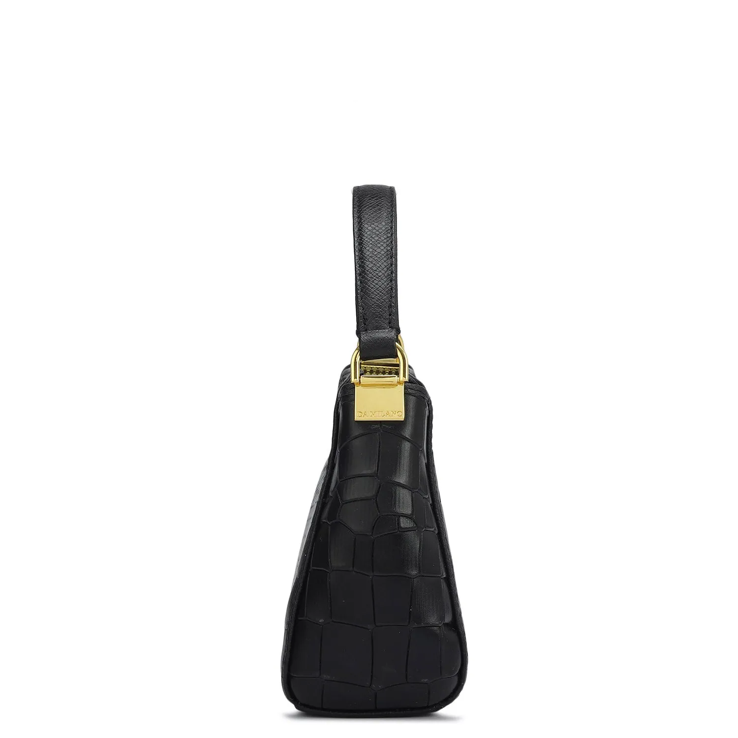 Small Croco Leather Satchel - Black