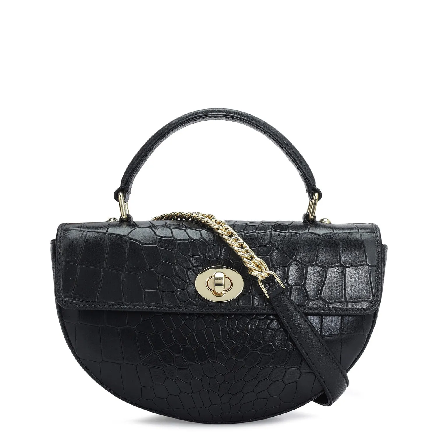 Small Croco Leather Satchel - Black