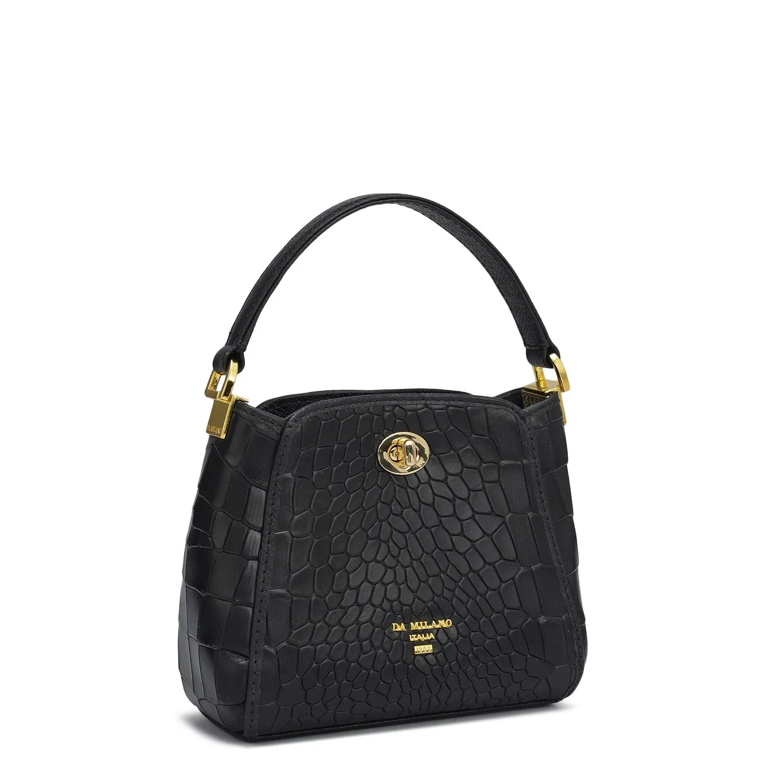Small Croco Leather Satchel - Black