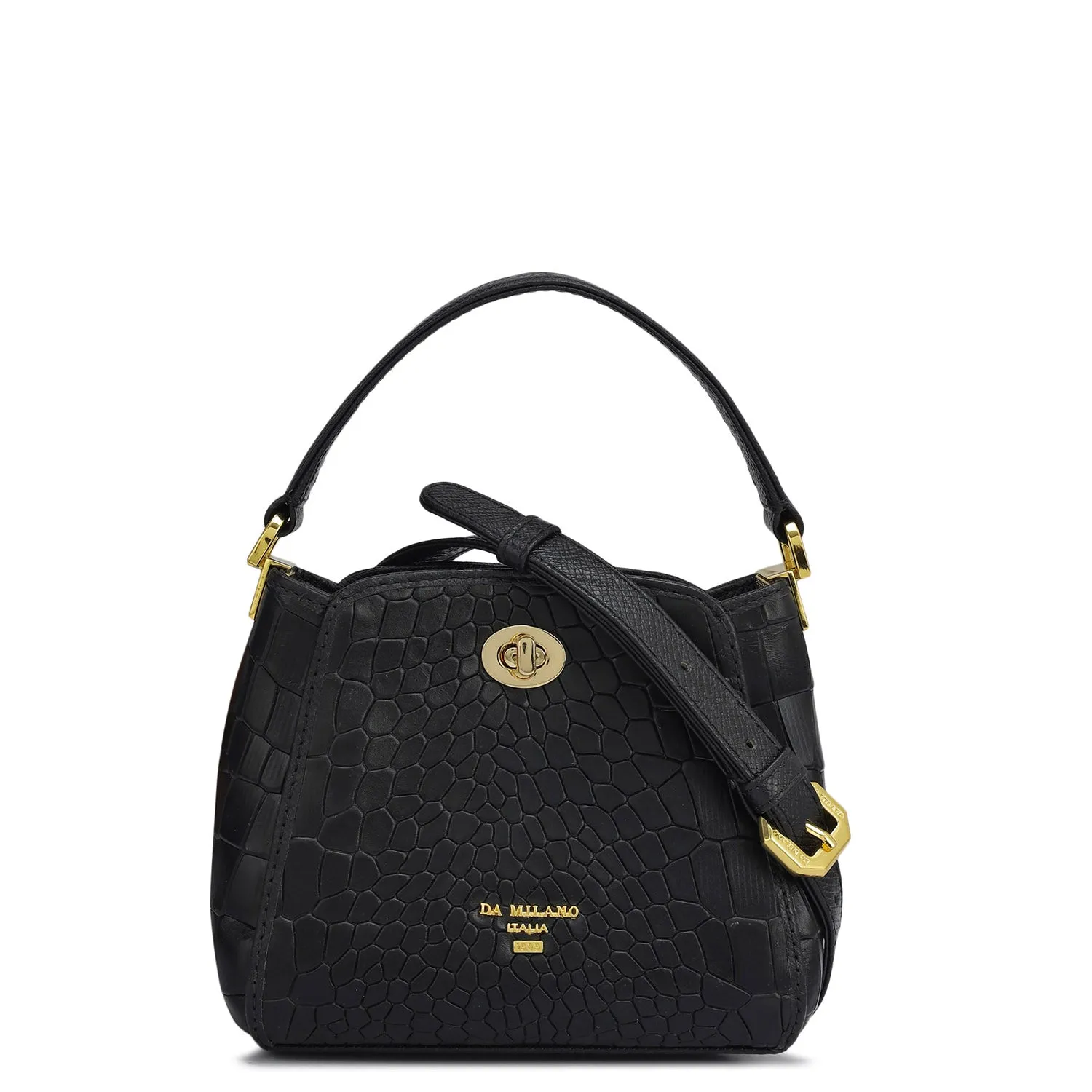 Small Croco Leather Satchel - Black