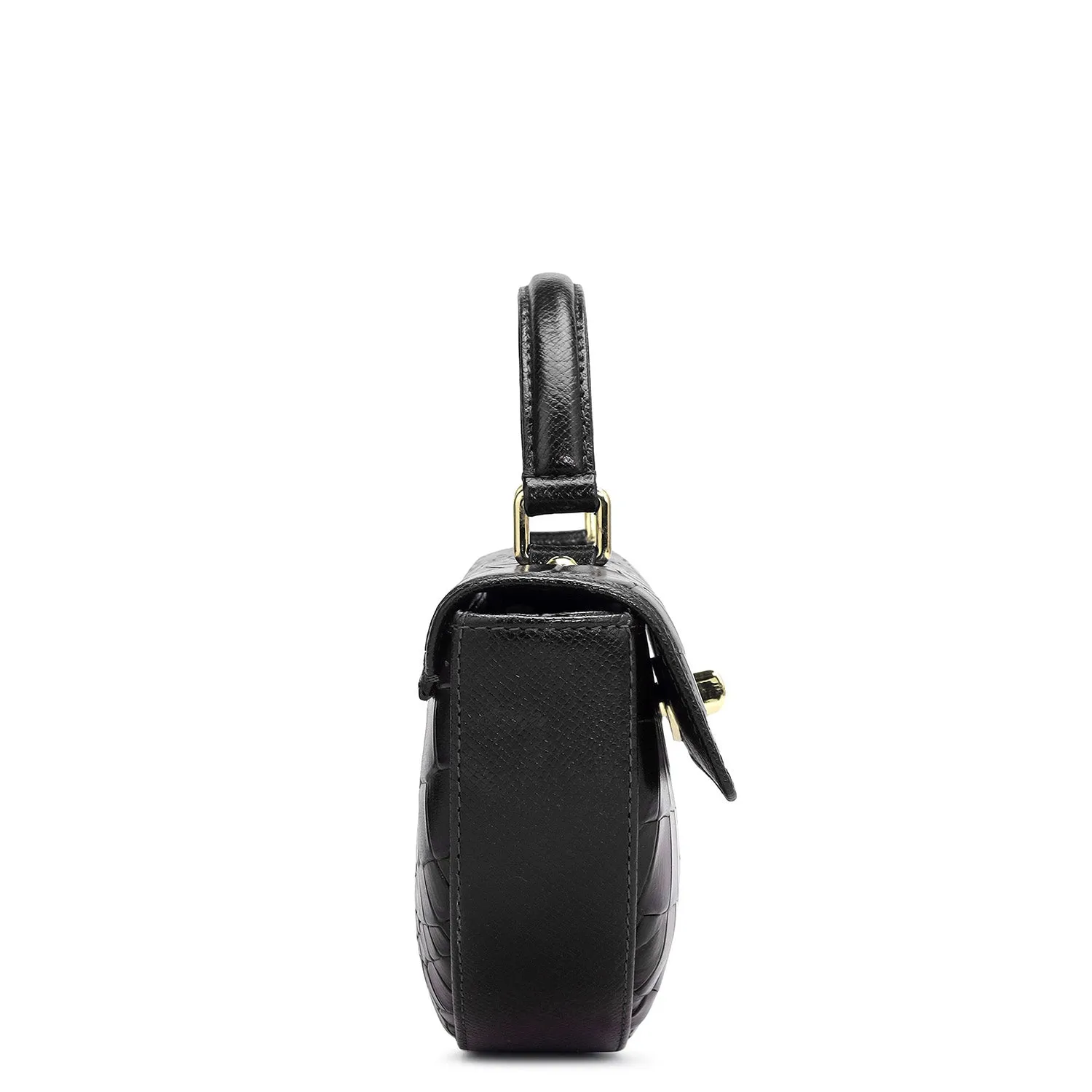 Small Croco Leather Satchel - Black