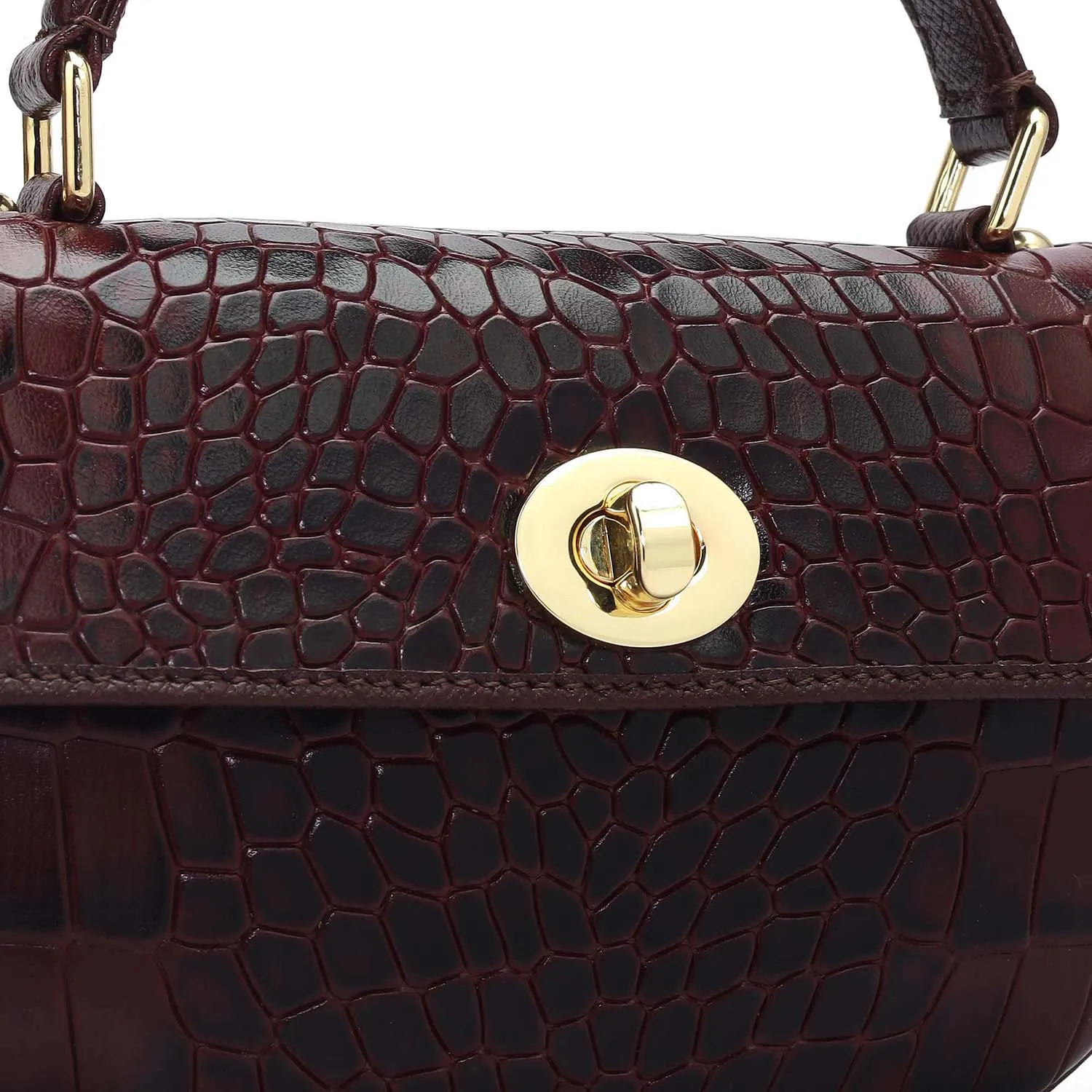 Small Croco Leather Satchel - Wine