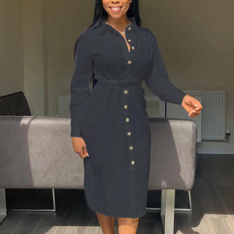 Solid Button Detailed Long Sleeve Shirt Dress