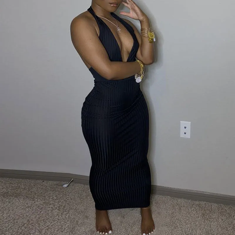 Solid Deep V-Neck Sleeveless Ribbed Dress