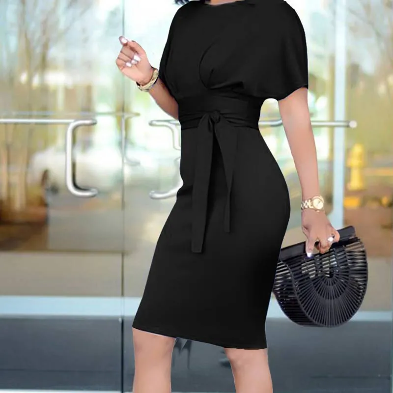 Solid Short Sleeve Tied Dress