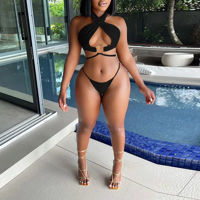 Solid Sleeveless Halter Bandage Bikini Set
