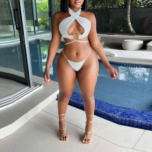 Solid Sleeveless Halter Bandage Bikini Set