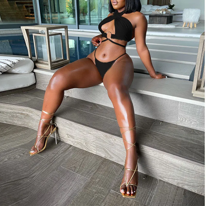 Solid Sleeveless Halter Bandage Bikini Set
