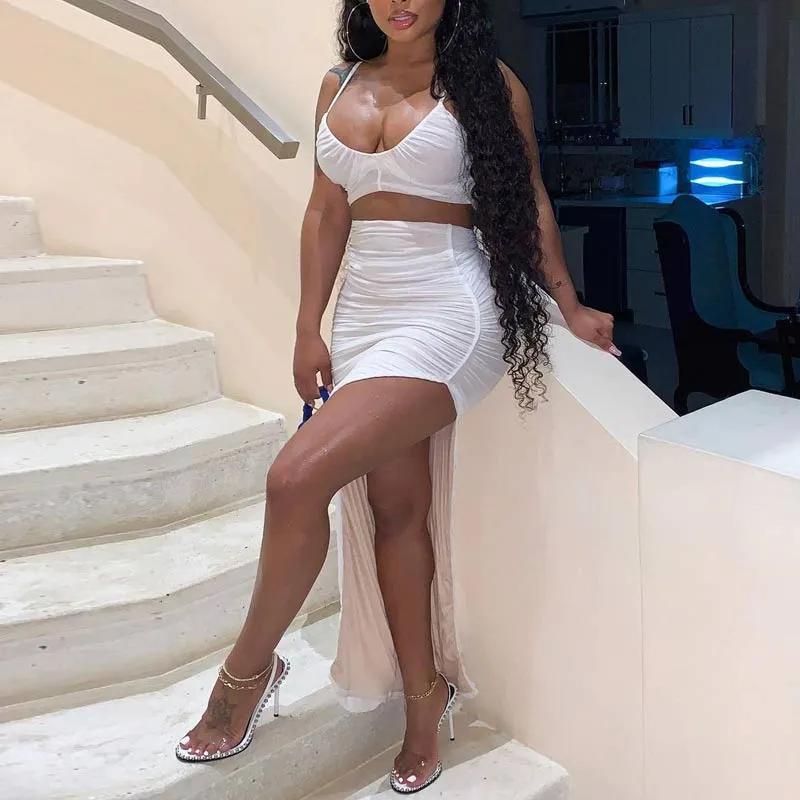 Solid Sleeveless Ruched High Split Skirt Set