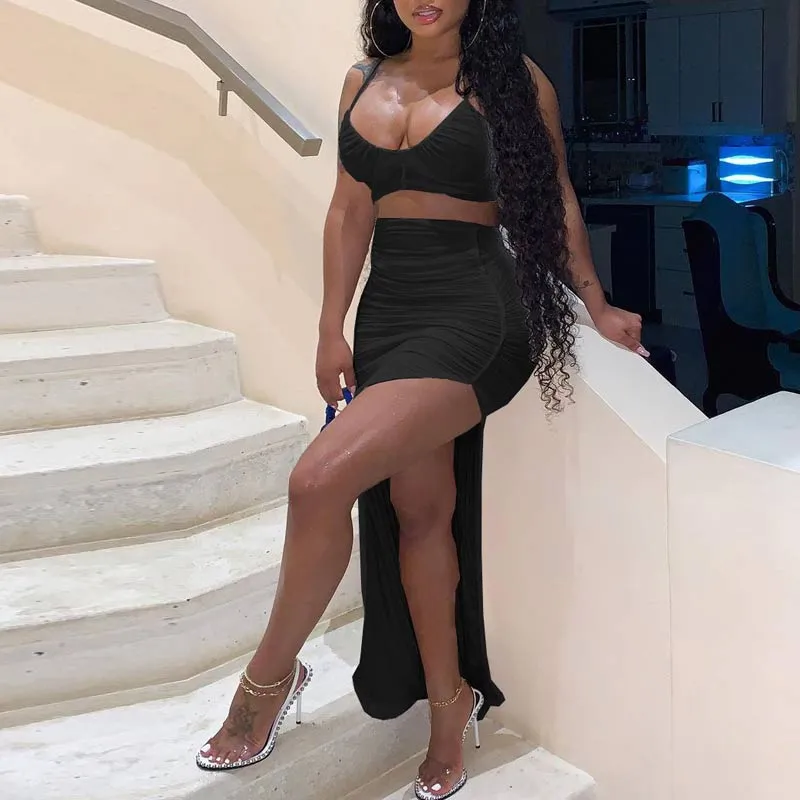 Solid Sleeveless Ruched High Split Skirt Set