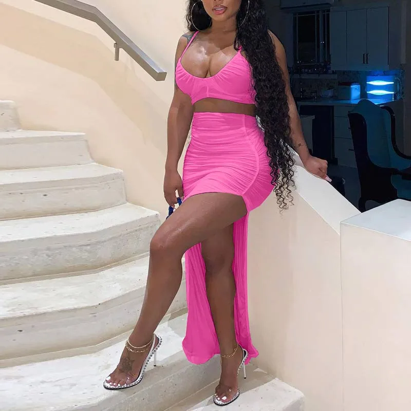 Solid Sleeveless Ruched High Split Skirt Set