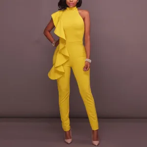 Solid Sleeveless Turtleneck Ruffle Design Jumpsuit
