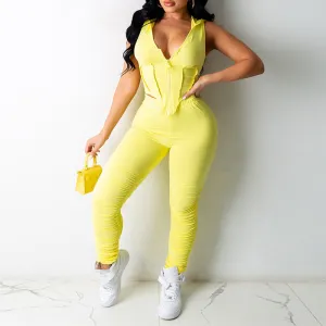 Solid Zipper Design Hooded Two Piece Set
