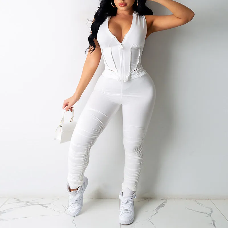 Solid Zipper Design Hooded Two Piece Set