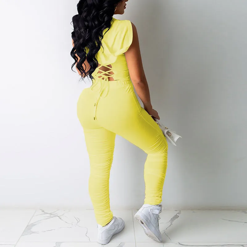 Solid Zipper Design Hooded Two Piece Set
