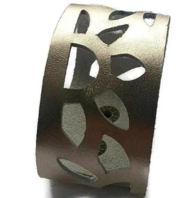 Sunflower Cuff Bracelet. Reclaimed Leather wrist Band. Platinum Color.