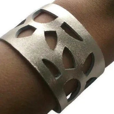 Sunflower Cuff Bracelet. Reclaimed Leather wrist Band. Platinum Color.