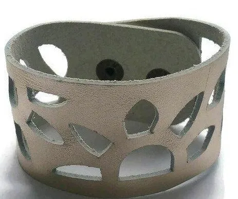 Sunflower Cuff Bracelet. Reclaimed Leather wrist Band. Platinum Color.