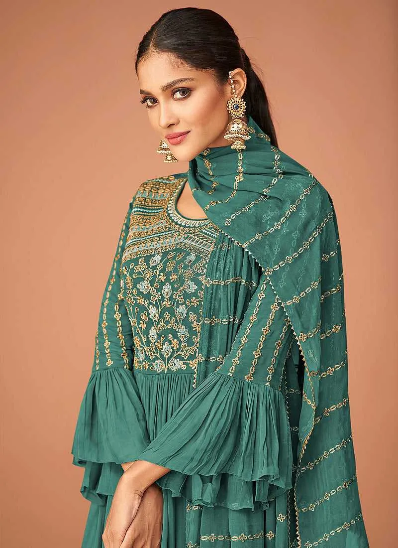 Teal Blue Heavy Embroidered Sharara Style Suit