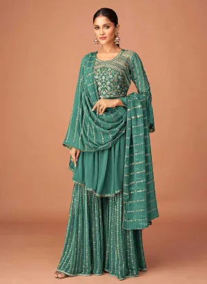 Teal Blue Heavy Embroidered Sharara Style Suit
