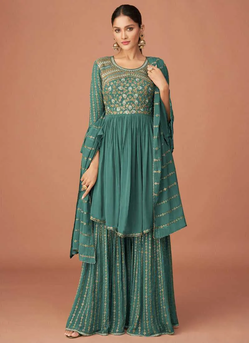 Teal Blue Heavy Embroidered Sharara Style Suit