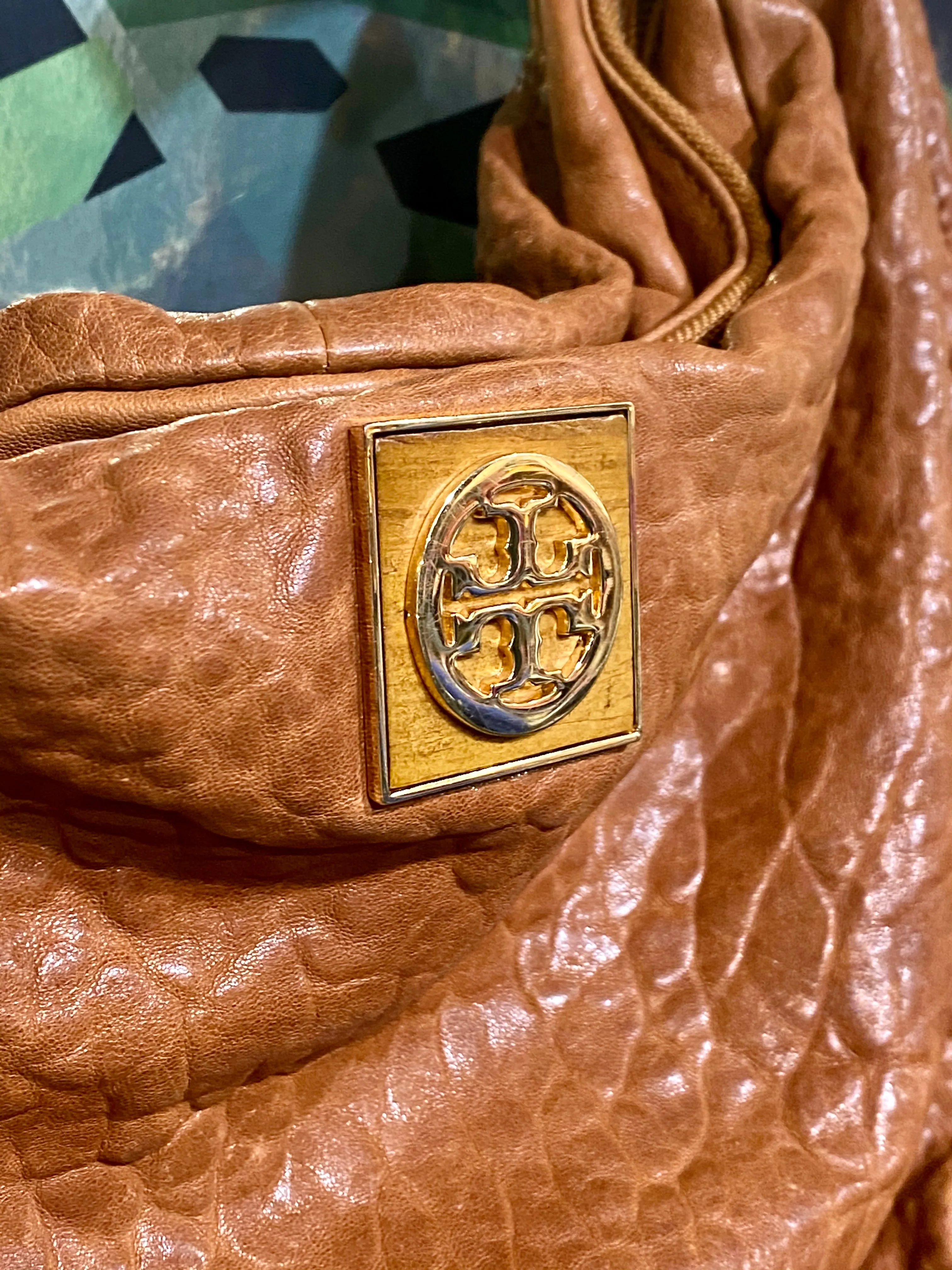 Tory Burch Cognac Leather Shoulder Hobo Bag with Gold Hardware