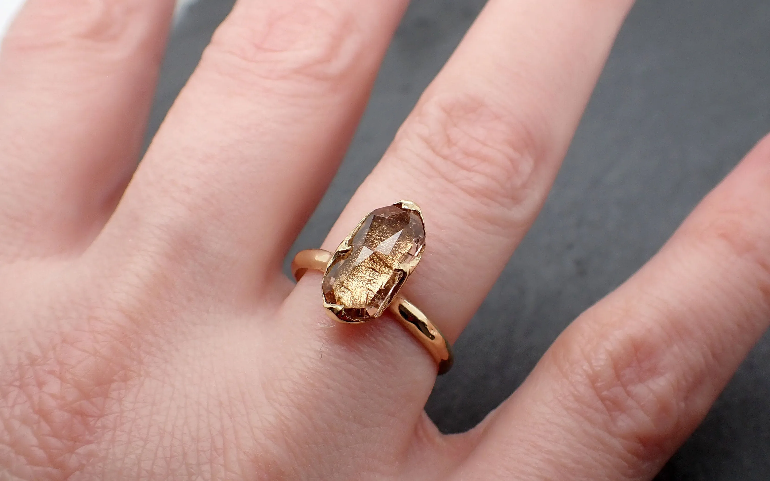 Tourmaline Yellow 18k Gold Ring Fancy cut peach color Gemstone Solitaire recycled statement cocktail statement 3366