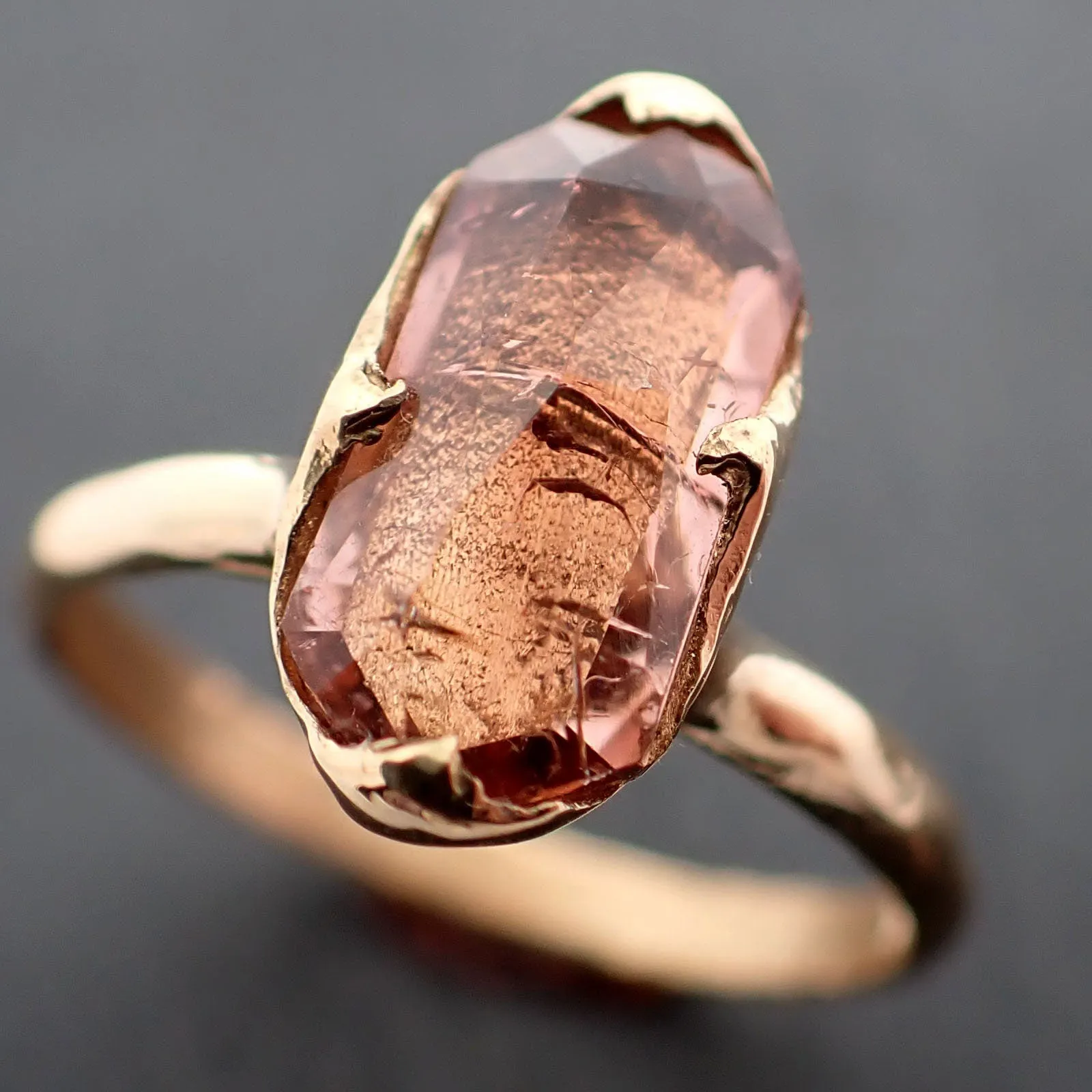 Tourmaline Yellow 18k Gold Ring Fancy cut peach color Gemstone Solitaire recycled statement cocktail statement 3366