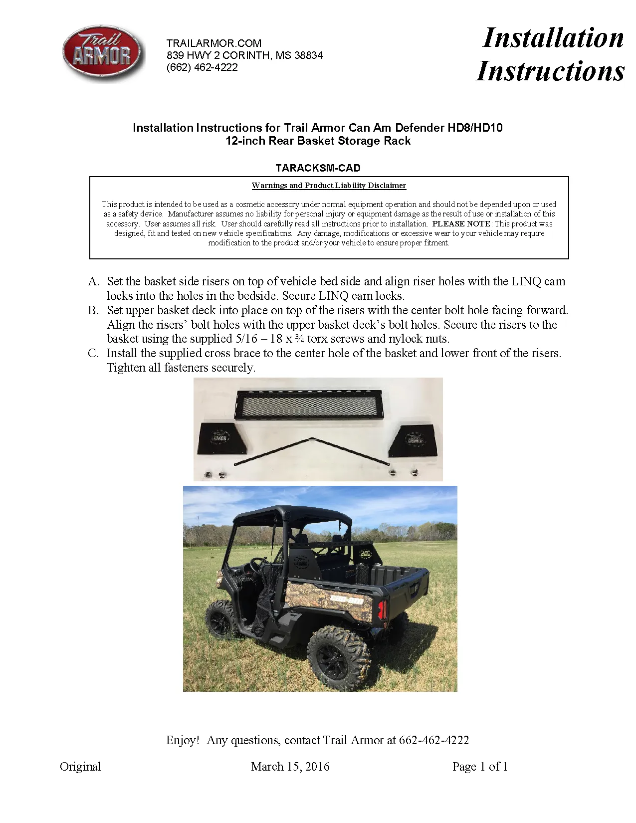 Trail Armor 2016 - 2023 Can Am Defender HD5, Defender HD7, Defender HD8, Defender HD,  Defender HD10, Defender Max HD7, Defender Max HD8, Defender Max HD9, Defender HD10 12" Small Rear Basket Storage Rack