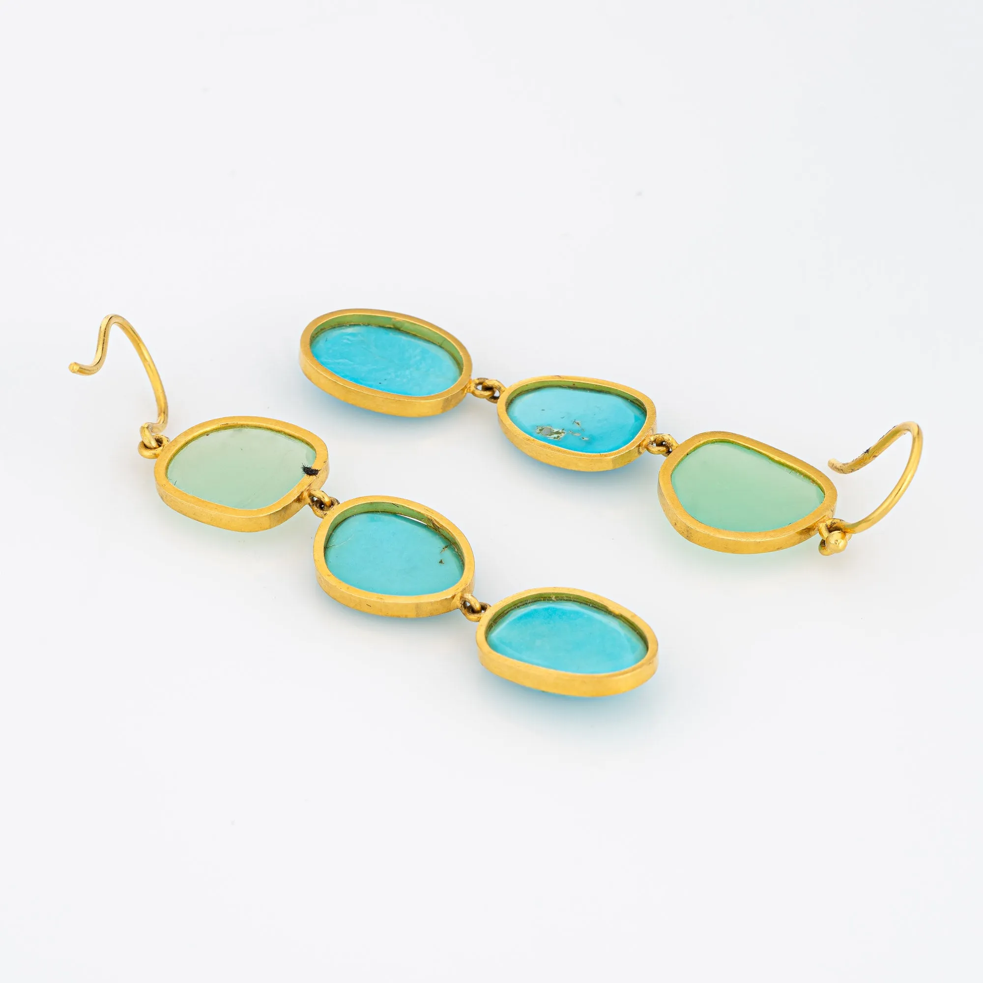 Turquoise Green Chalcedony Earrings Estate 14k Yellow Gold 2.25" Drops Jewelry