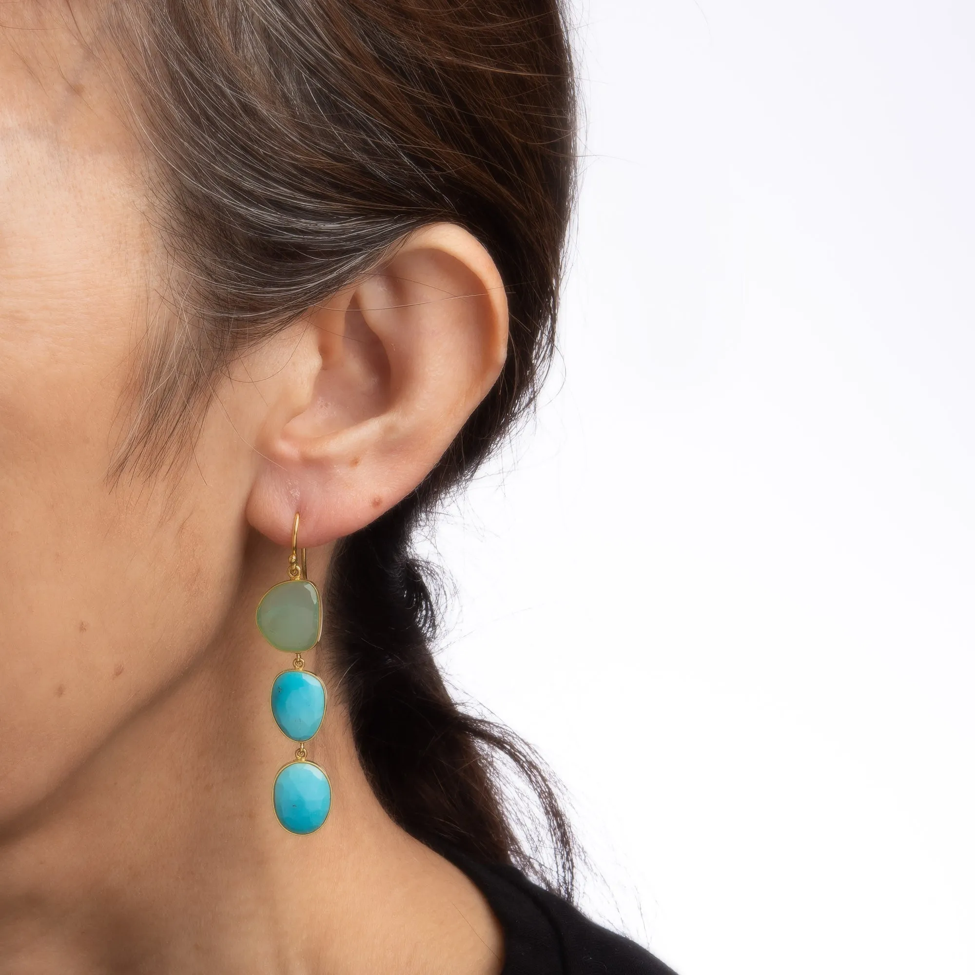 Turquoise Green Chalcedony Earrings Estate 14k Yellow Gold 2.25" Drops Jewelry