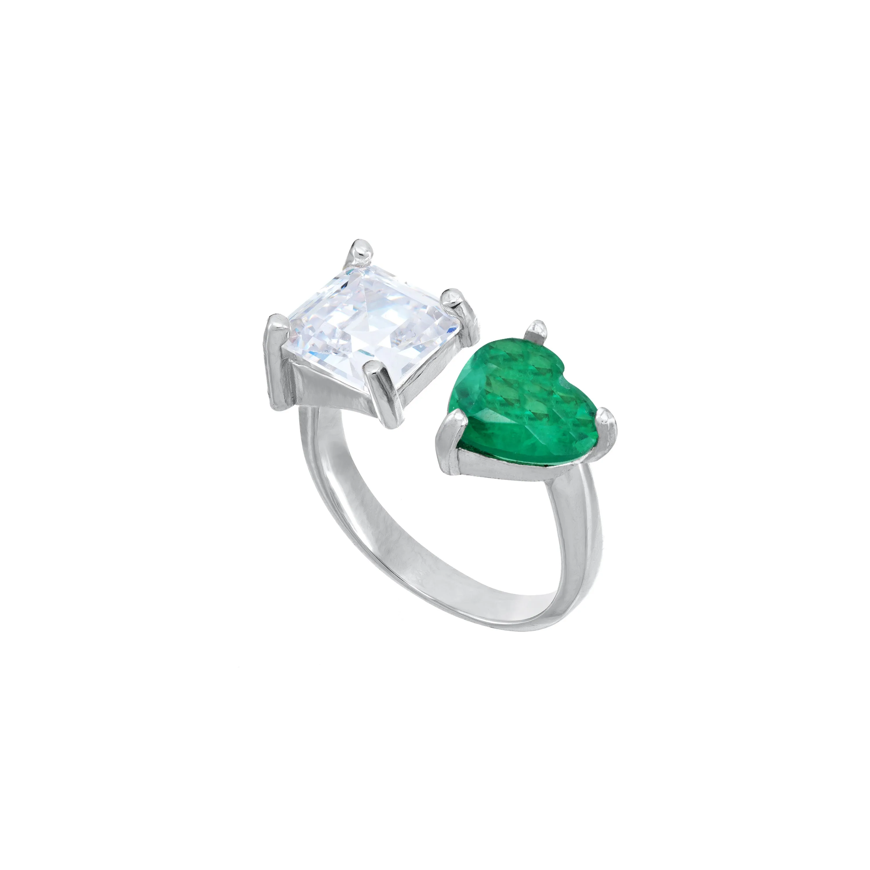 Two Stone Open Ring - Silver White And Green - Heart And Square