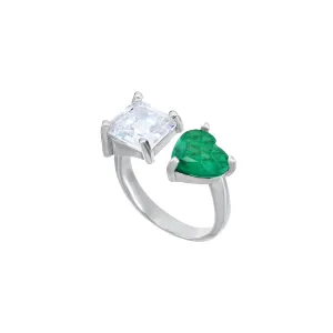 Two Stone Open Ring - Silver White And Green - Heart And Square