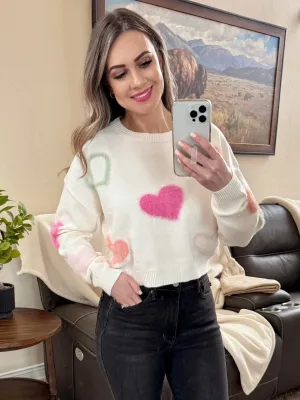 Ultra Soft Crewneck Sweater with Hearts in Ivory