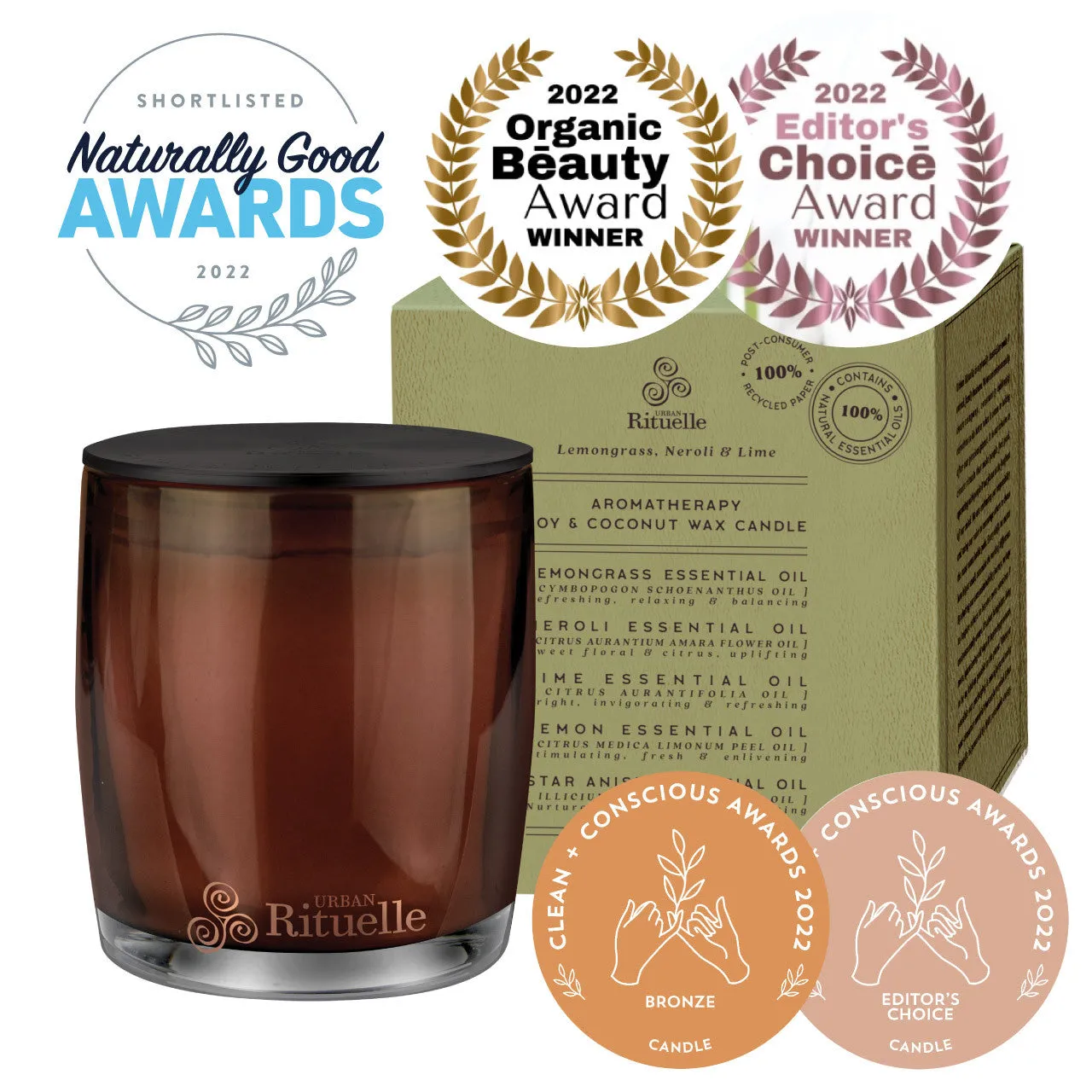 Urban Rituelle Natural Remedy Lemongrass, Neroli & Lime Aromatherapy Soy & Coconut Wax Candle - 400gm