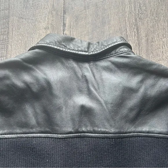 Vintage 100% Leather Ribbed Sweater Sleeve Full Zip Jacket Large Black Mobwife