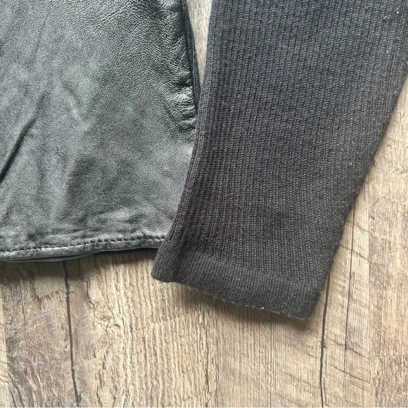Vintage 100% Leather Ribbed Sweater Sleeve Full Zip Jacket Large Black Mobwife