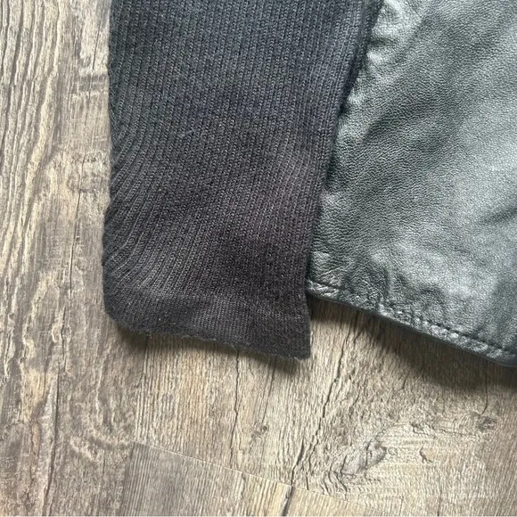 Vintage 100% Leather Ribbed Sweater Sleeve Full Zip Jacket Large Black Mobwife