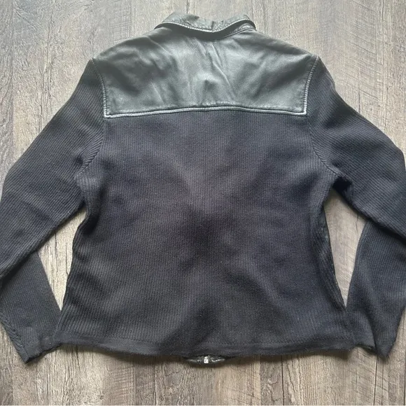 Vintage 100% Leather Ribbed Sweater Sleeve Full Zip Jacket Large Black Mobwife