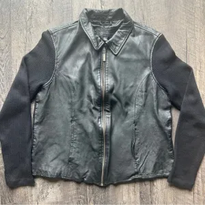 Vintage 100% Leather Ribbed Sweater Sleeve Full Zip Jacket Large Black Mobwife