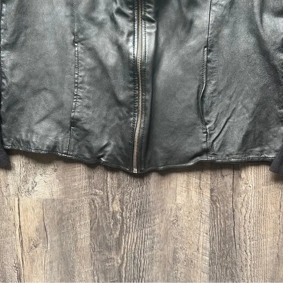 Vintage 100% Leather Ribbed Sweater Sleeve Full Zip Jacket Large Black Mobwife