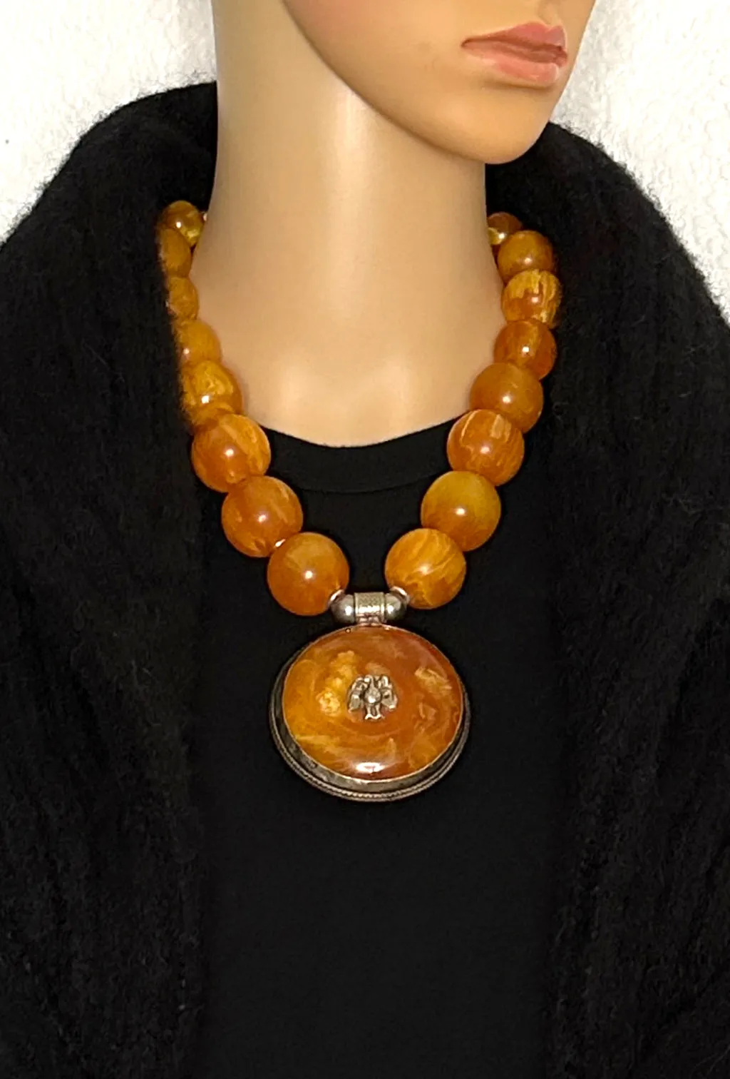 Vintage African Copal with Tibetan Pendant Statement Necklace