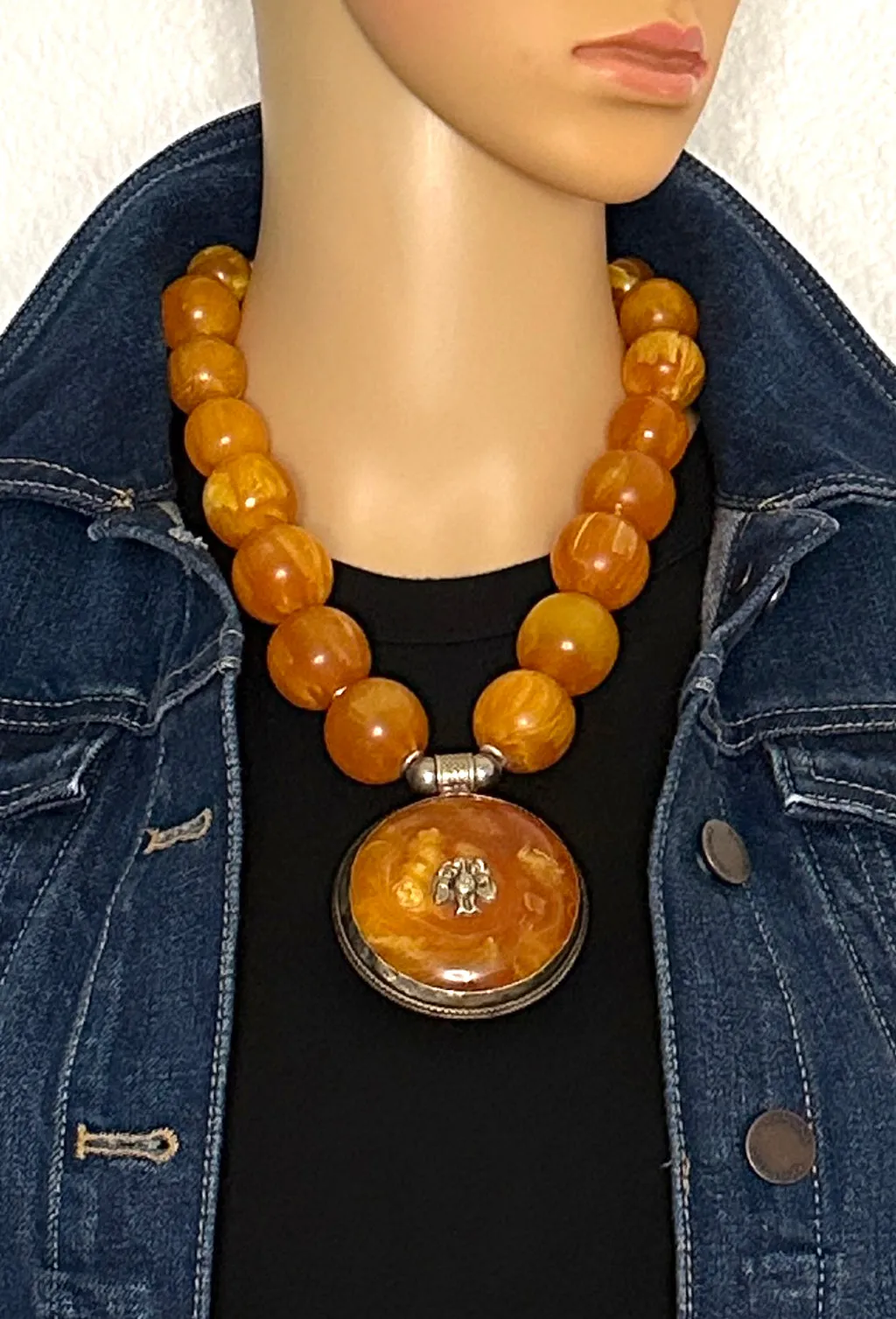 Vintage African Copal with Tibetan Pendant Statement Necklace