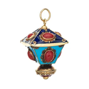 Vintage Lantern Charm Enamel Coral 18k Yellow Gold Large Pendant Estate Jewelry